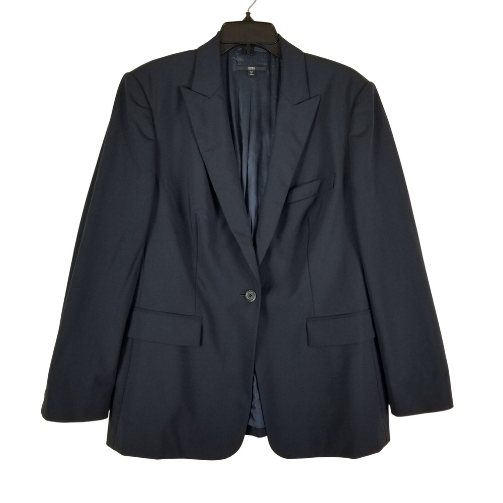 Hugo Boss Blazer Women US 14 Navy Blue Virgin Wool Blend‎ Single Button Tailored